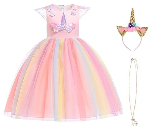 URAQT Robe Licorne Enfant de Princesse, Robe Licorne Fille, Costume Princesse Fille, Robe de Princesse avec Licorne, Unicorn Party,Multicolore, 100 pour les 2-3 ans