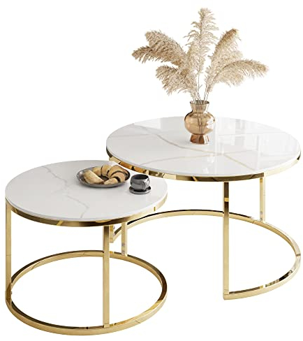 lukmebel Rundbank SELAVI 2in1 Goldchrom Matt 2er-Set Tische Goldene Elemente Goldchrom Sockel Konglomerat Arbeitsplatte 80x80x38 60x60x42 Weißer Marmor