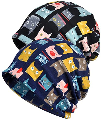 WULIQIUQIU 2 Pack Cotton Slouchy Beanie Hats, Chemo Hat Cap Scarf for Women and Men E-Blue+Black