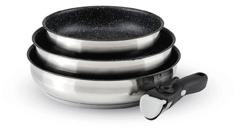 Qdesign - 4-Teiliges Induktionskochgeschirr - 3-Teiliges Set aus Antihaftbeschichteten Pfannen 20, 24 und 26 cm mit 1 Abnehmbarem Griff - Edelstahl - Feuerfest - PFOA-frei - Silber/Schwarz