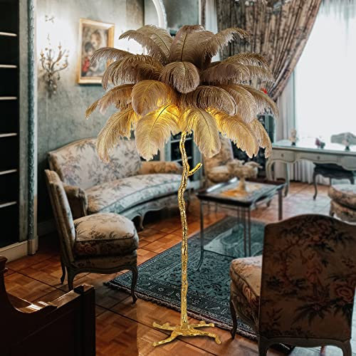 Feder Stehlampe, hohe Feder Straußenfederlampe, natürlicher Straußenfedern Lampenschirm modernes Wohnzimmer, LED Leselampe stehleuchte, Gold, Bodenbeleuchtung für Wohnzimmer, Schlafzimmer, Ecke, Sofa