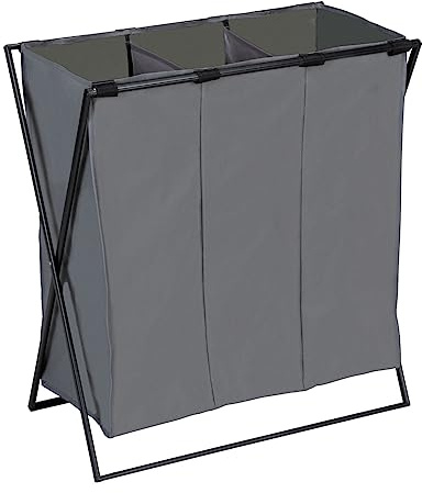 WENKO Wäschesammler Mod. Trio XL Stabiler Wäschekorb mit Eisengestell DREI Fächern 145 L Füllmenge zusammenfaltbar Grau (B x H x T) 69 x 76 x 37 cm