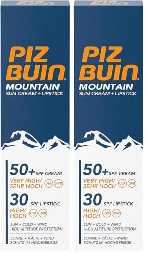 Piz Buin Crème solaire de montagne et soin des lèvres au LSF 50+, protection solaire spécialement pour le ski et la randonnée, contre le vent et le froid, 20ml et 2,3ml (Lot de 2)