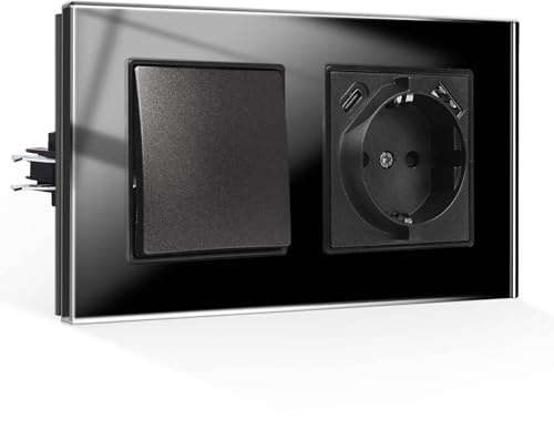 CNBINGO Light Switch with USB Socket Flush-Mounted Glass Schuko Socket with USB-A and Type-C Port (Max. 2.1 Amp Total) Tempered Glass Panel Socket with Plug-In Terminal - Single 1 Way, Black