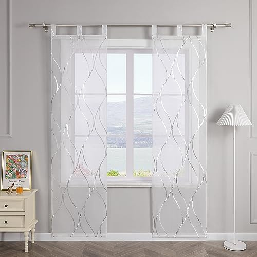 SCHOAL Schiebegardinen mit Schlaufen Transparente Schiebevorhang 2er Set Voile Gardinenschal Fensterschal mit glänzenden Wellen Muster BxH 57x145cm Silber
