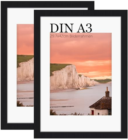 UHOUSEST A3 Bilderrahmen 29.7x42cm, Holzrahmen für Druck, Schwarzer Rahmen Mit Passepartout, Posterrahmen, Wandmontage Möglich (2er-Set)