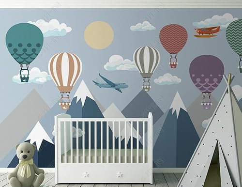 Fototapete 3D Effekt Tapeten 3D Cartoon-Heißluftballon Mit Geometrischem Gebirgsflugzeug Für Kinder Tapete Fototapeten Vlies Wandtapete Wohnzimmer Schlafzimmer Wand Schmücken 300Cm(W)*210Cm(H)