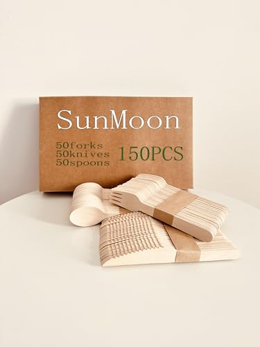Lot de 150 couverts jetables en bois, respectueux de l'environnement, 50 cuillères, 50 fourchettes, 50 couteaux, emballage sans plastique, substitut au plastique et au bambou, jetables pour fêtes
