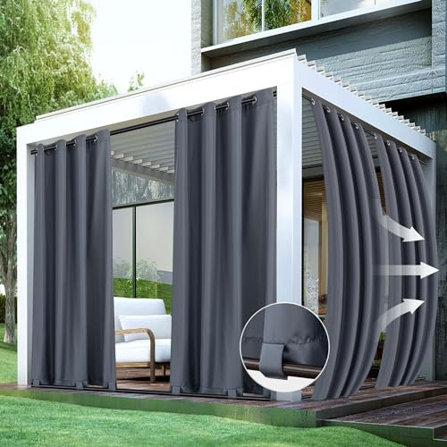 HolidayIdeas Outdoor-Vorhänge, wasserdicht, Winddicht, wetterfest, 4 Paneele, Vorhänge mit Ösen und Schlaufen unten, für Pavillon, Veranda, Pergola, Hütte, Hinterhof,