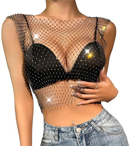 UICCVOKK Glitzer Oberteil für Damen - Transparent Top für Festivals, Bälle, Nachtclubs, Konzerte