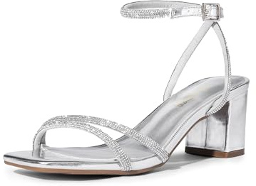 DREAM PAIRS Women's Chunky Block Heel Sandal,Silver-Rhinestone,8