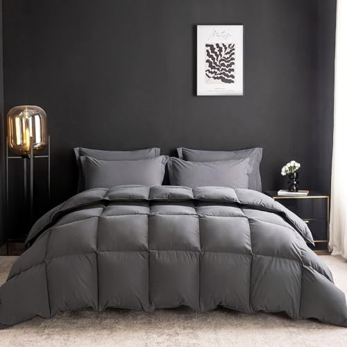 WENERSI Feather Down Fiber Comforter Full/Queen Size,Hotel Style Bedding Comforter,750+ Fill Power,1200TC,100% Organic Cotton Fabric,All Season Grey Duvet Insert with 8 Corner Tabs