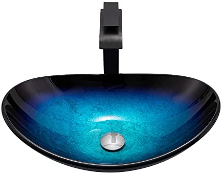 UHJKLA Blaues Badezimmer-Waschbecken, künstlerisches Waschbecken aus gehärtetem Glas mit Pop-Up-Ablauf, schwarzer Wasserhahn mit Heiß-/Kalt-Zeichen, ovales Aufsatzwaschbecken,