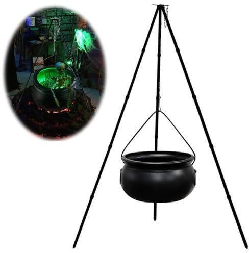 Halloween Outdoor Decorations Witch Cauldron with Cotton and Light On Tripod Stand with String Lights, Black Plastic Bowl Decoration, Spooky Candy Bucket Decoration for Home Porch