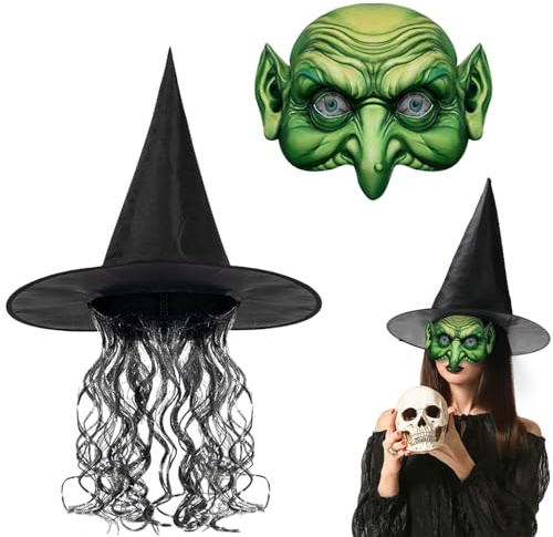TGFIX 2 Stück Halloween Hexenmaske Halloween Hexe Maske mit Perücke Gruselige Alte Hexenmaske Halloween Horror Maske für Erwachsene Hexe Zubehör für Halloween Cosplay Karneval Mottoparty