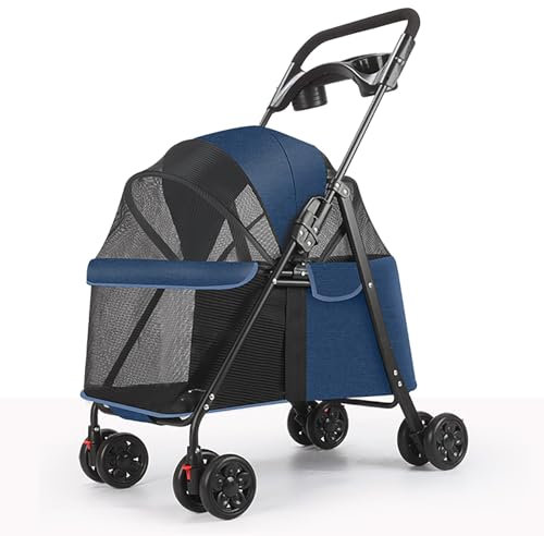 ZXDRYBHD Hundewagen, Haustierbuggy, Zusammenklappbarer Hundebuggy, mit Aufbewahrungskorb, für Kleine und Mittelgroße Hunde und Katzen(Blue)
