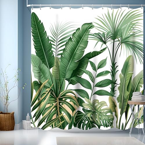 Duschvorhang Grün Blätter Pflanzen Textil Duschvorhänge, Wasserabweisend, Beschwerter Saum Textil, Waschbar Polyester Stoff Badevorhänge mit Ösen und Duschvorhangringe für Badezimmer(180x200cm)