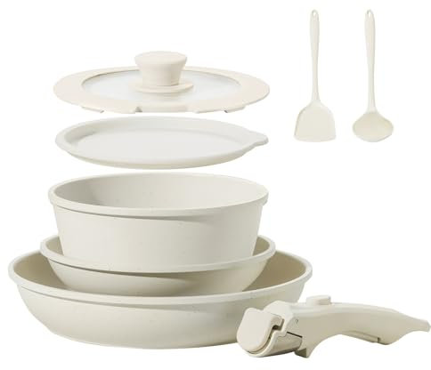 BECIGAR 8pcs Ceramic Pots and Pans Set, Non Stick Cookware Set, Detachable Handle Cookware, Induction Kitchen Cooking Set with Removable Handle,Oven Safe, Induction Fast, Stackable Cookware Set