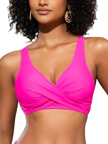 SHEKINI Women's Bikini Tops V Neck Criss Cross Push Up Big Bust Wired Swimwear Top Tie Back Swim Top for Women UK Bikini Top Only, Fluorescent Pink, M