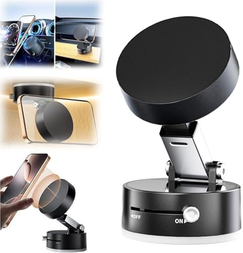 Foldable Portable Vacuum Magnetic Cell Phone Holder, Double-Sided Vacuum and Magnetic Adsorption Adjustable Phone Mount, 360° Rotatable Suction Cup Phone Mount (Black)