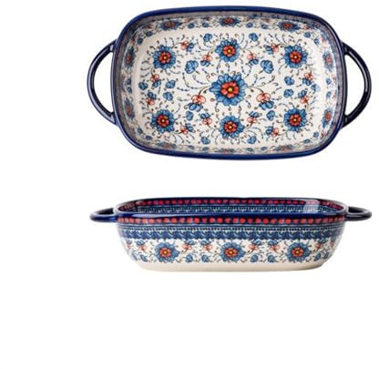 CFY652 Baking Dish Vintage Ceramic Baking Dish Household Handle Bowl Tableware Creative Double Ear Bowl Soup Bowl Salad Plate Oven Dish(19.5cm)