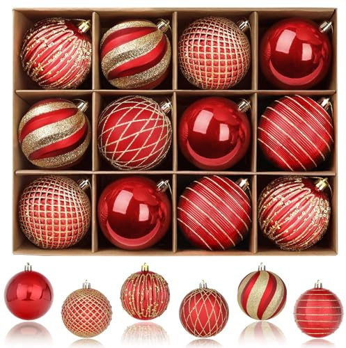 SHareconn Christmas Tree Baubles 80mm,12pcs Shatterproof Decorative Hanging Decorations Balls Set for Holiday Party Wedding, Pre-Hanged Strings, Red & Gold