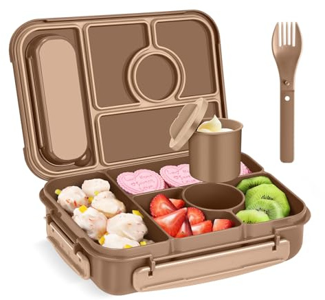 Amathley Brotdose Kinder mit Fächern,Bento Box Kinder,Brotdose Erwachsene,1300ML Lunchbox mit 5 Fächern und Saucenbehältern,Mikrowellen-und Spülmaschinenfest,BPA-Frei (Gelb-braun)