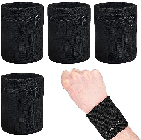 Sport Handgelenktasche, 4 Stück Handgelenktasche mit Reißverschluss, Schweissband Handgelenk, Handgelenktasche mit Reißverschlusstasche Münze, für Jogging, Basketball Laufen Sport(Schwarz)