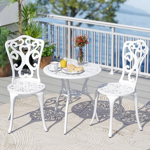 GOPLUS Salon de Jardin Exterieur 2 Personnes,3 PCsTable Exterieur avec 2 Chaises à Haut Dossier en Aluminiu, Motif RetroTrou pour Parasol Intégré, pour Jardin, Balcon, Patio, Terrasse= (Blanc)