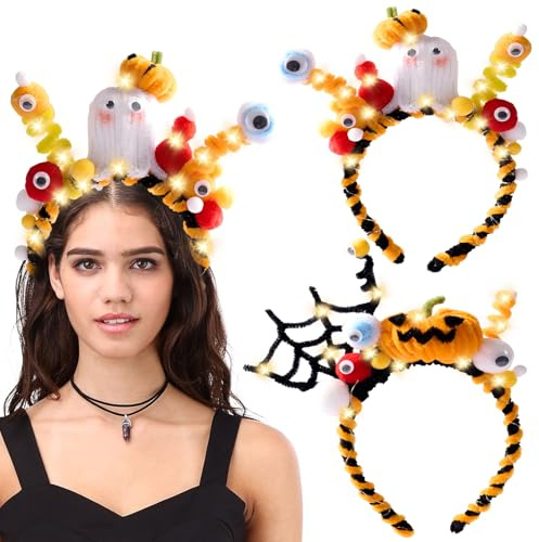 KOIROI Halloween Haarreif, Halloween Haarschmuck, Geist Kürbis Kopfschmuck Damen, Pfeifenputzer zum Basteln, Stirnband mit LED, Leuchtende Haarreifen für Damen Kinder Halloween Karneval Cosplay Party