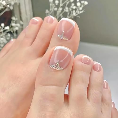 Viugex 24 Pièces Faux Ongles Pieds Court Carré, Acrylique Blanc French Press on Nails Pieds, Pleine Couverture Faux Ongles D'orteil avec Strass, 12 Tailles Ongles à Coller pour Femmes et Filles
