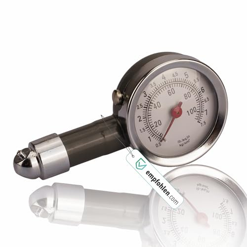 Reifendruckprüfer Luftdruckprüfer analog - 0-7 Bar | Druckablassventil | Analoges Manometer misst bis 100 PSI bzw. 7 Bar und arbeitet ohne Batterie an Schrader-Ventilen.