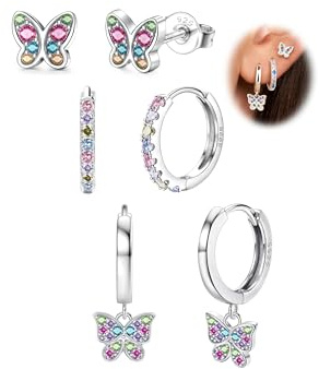 MOGASA 3 Paar Ohrringe Silber 925 für Mädchen Kinder Ohrstecker Creolen Set | Hypoallergen Herz Stern Schmetterling Regenbogen Hängend Kinder Ohrringe Mädchen Ohrringe Silber 925 Damen Schmuck Geschenk