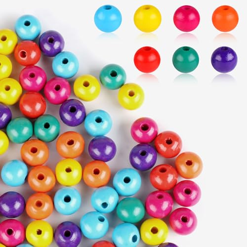 200 Stück Holzperlen Bunte zum Auffädeln, 20mm Runde Holzkugeln mit loch, Groß Bastelnperlen für DIY Schmuck, Armbänder, Halsketten & Basteln, Makramee