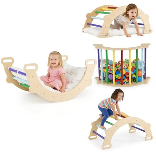 COSTWAY 3 in 1 Arco da Arrampicata per Bambini in Legno (Stile 2 Colorato) | Altalena ad Arco con Cuscino Morbido, Doppia Faccia, Ideale per Bambini 1+ Anni