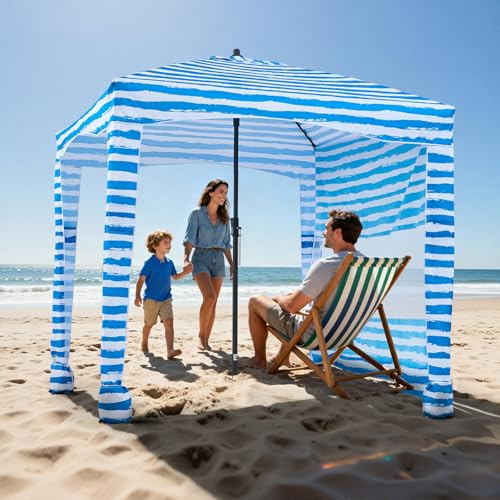 VEVOR Tenda da Spiaggia da 1830 x 1830 x 2290 mm, con Parete Laterale e Tasche per la Sabbia, Ombrellone Parasole Portatile Regolabile in Altezza per Famiglia e Amici, Blu Chiaro Striature Bianche