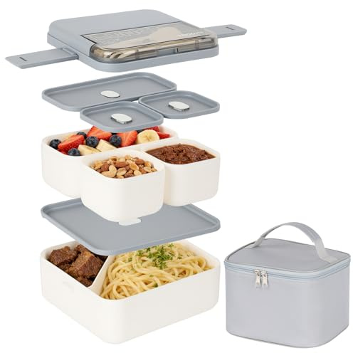 Esilihom Lunch Box, 1800ML Bento Box with Compartments, Stackable 2 Layer Reusable Meal Prep Containers with Thermal Bag & Cutlery for Office, Work & Travel, Grey & White