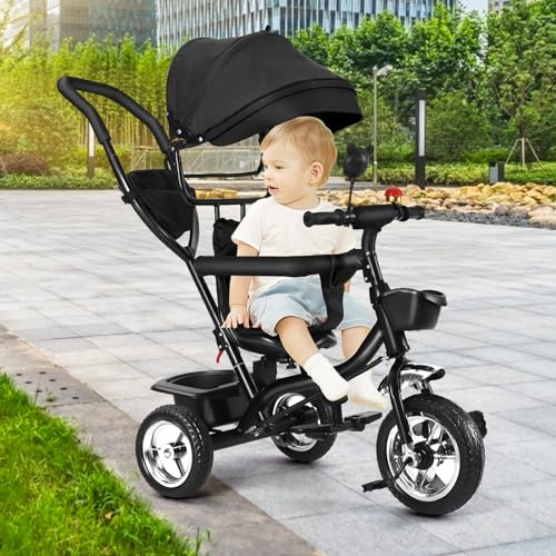 Dreirad 4 in 1 Aveo, Kinderdreirad, Jogger mit Zubehör, Klappbar, Dachfenster, Lenker, Unplattbar-Räder, Gummiräder, ab 9 Monate bis 5 Jahre, Zubehör (Schwarz-4 in 1)