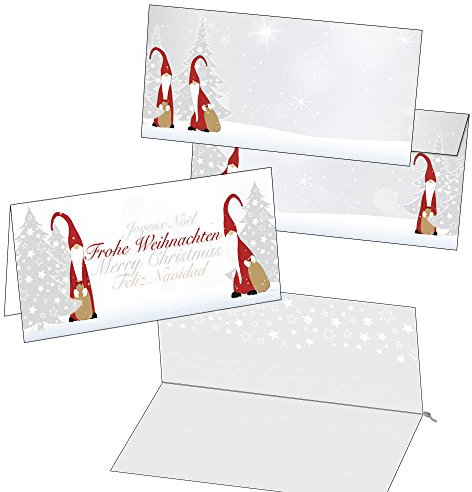 Postkarten-Style Weihnachtskarten Wichtel - Silber - Klassisch - Faltkarten - 10 Stück - DIN A4 - 21 x 9,8 cm - mit Umschlag und Einlegern