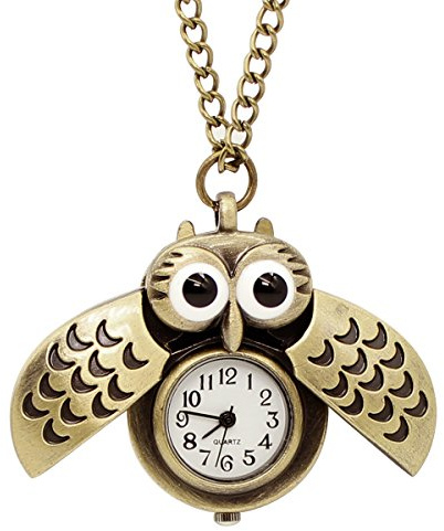 LightOnIt Vintage Cute Flying Owl Pocket Watch, Long Chain Sweater Pendant Necklace, for Women Men Birthday Christmas Gift (Wings)