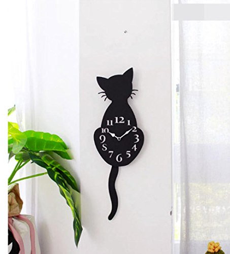 Gusspower Orologio creativo da parete a forma di gatto, per la cameretta dei bambini, impermeabile, in acrilico, con coda mobile, acrilico, Nero B