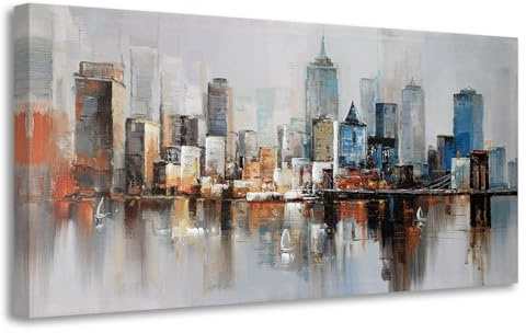 Arjun Brooklyn Bridge Wandkunst Modern New York City Abstrakte Leinwand Stadtbild Gemälde Groß Gerahmt, Bunte NYC Skyline Strukturiertes Bild für Wohnzimmer Schlafzimmer Home Office Wanddekoration,