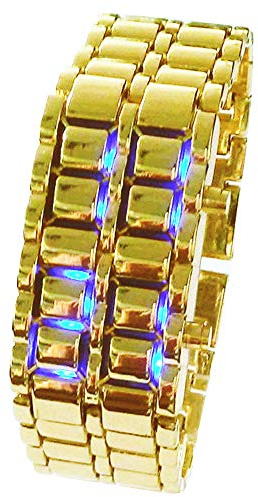 Reginald Classic Mens Binary Square LED Digital Watch Black Plated Wrist Watches (Black/red) (Gold/Blue)