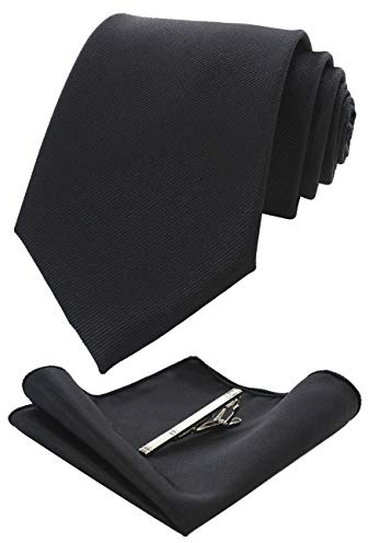 JEMYGINS - Cravatta da uomo, fazzoletto da taschino e fermacravatta, per matrimoni, tinta unita, disponibile in diversi colori, Nero , M