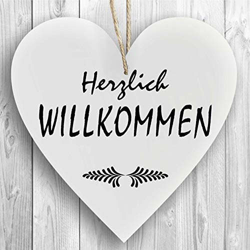 Herzschild Holzherz Holzschild 16 x 16 cm Herzlich Willkommen weiß Dekoschild Wandschild Schild Holz Geschenk