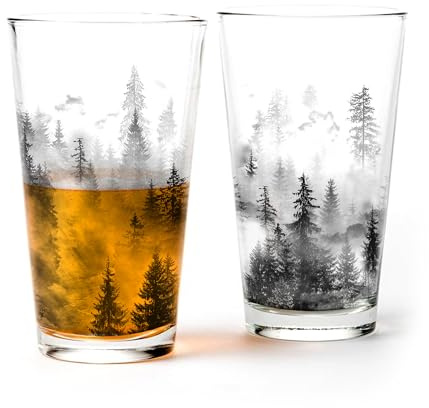 Black Lantern Nature Themed Pint Glasses Set of 2 – Pint Glasses in Unique Designs for Craft Beer Enthusiasts - (Set of Two 16oz. Glasses) - Beer Glasses for Nature Lovers (Forest & Clouds)