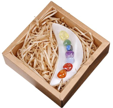 Cuenco de selenita con forma de luna de 6 con piedra curativa de 7 chakras caídas para cargar energía curativa, meditación, reiki, meditación de chakras, decoración de la oficina en el hogar