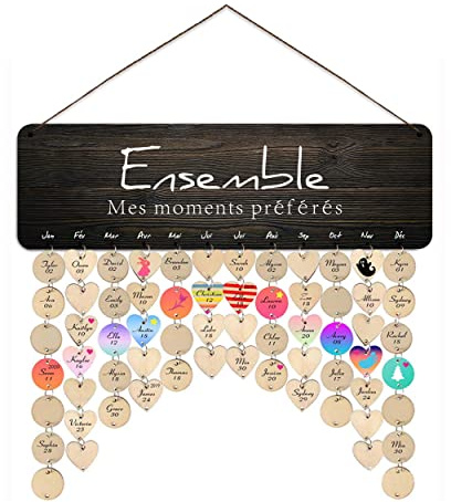 Calendrier perpétuel anniversaires Cassiana en Français. Pour se souvenir des fêtes de famille et d'amis, les dates d'évènements importants. Suspension murale en bois naturel décoration personnalisée.