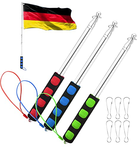 FORMIZON 3 Stück Teleskop Fahnenmast, 2 Meters Handheld Teleskop Fahnenmast, 3 Farben Edelstahl Ausziehbar Fahnenstange und 6 Stücke Fahnenmast Clip Haken, für Lehrer Reiseleiter Banner Flagge