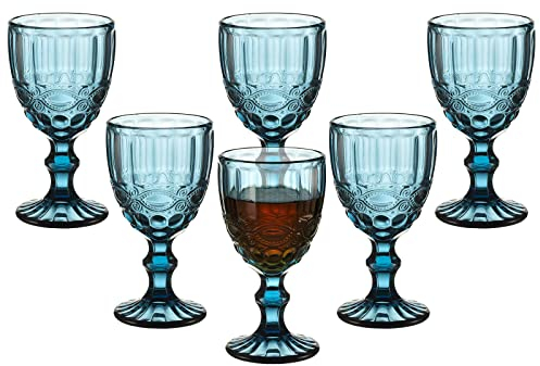 Set di 6 bicchieri da vino vintage, in vetro colorato, da 290 ml, con motivo unico in rilievo, con stelo trasparente, per feste di nozze, bar, bicchieri floreali blu